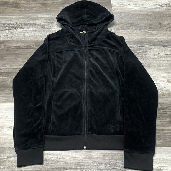 Y2K Juicy Couture Black Womens M Streetwear Full Zip Hooded Velour Track Jacket - Picture 2 of 10